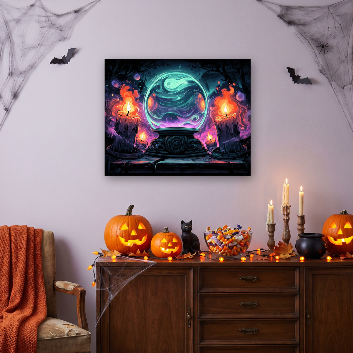 Tableau peinture par numéro Boule de la Voyante accroché dans un salon décoré pour Halloween — Maison Artsen