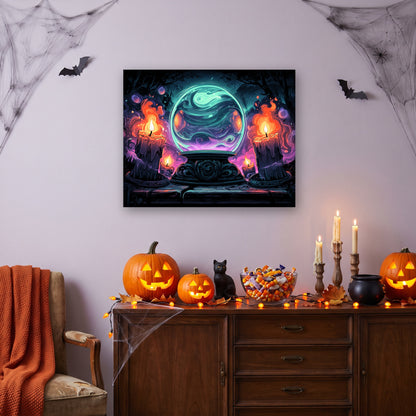 Tableau peinture par numéro Boule de la Voyante accroché dans un salon décoré pour Halloween — Maison Artsen