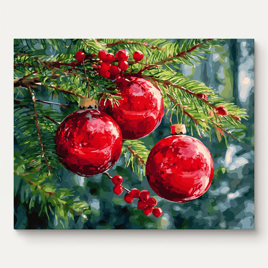 Peinture par numéro adulte Boules de Noël, visuel complet du design sur toile — Maison Artsen