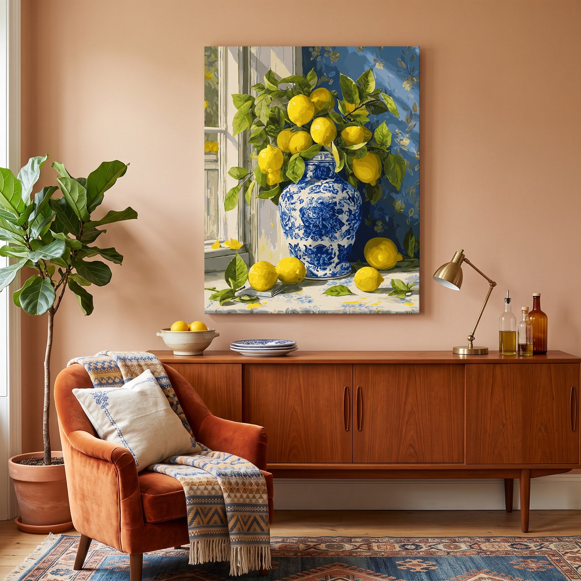Tableau peinture par numéro Branches de Citronnier en Vase accroché dans un intérieur décoré — Maison Artsen