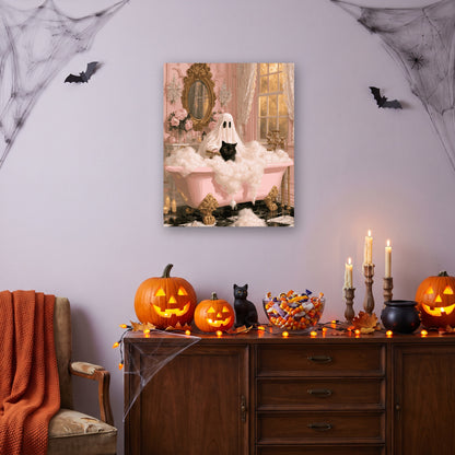 Tableau peinture par numéro Bulles Roses accroché dans un salon décoré pour Halloween — Maison Artsen