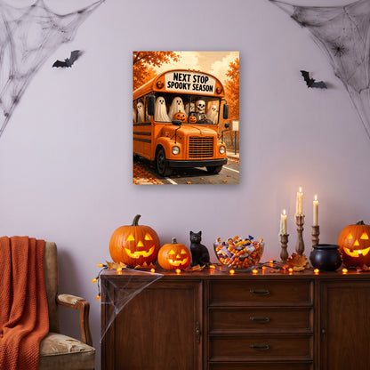Tableau peinture par numéro Bus des Fantômes accroché dans un salon décoré pour Halloween — Maison Artsen