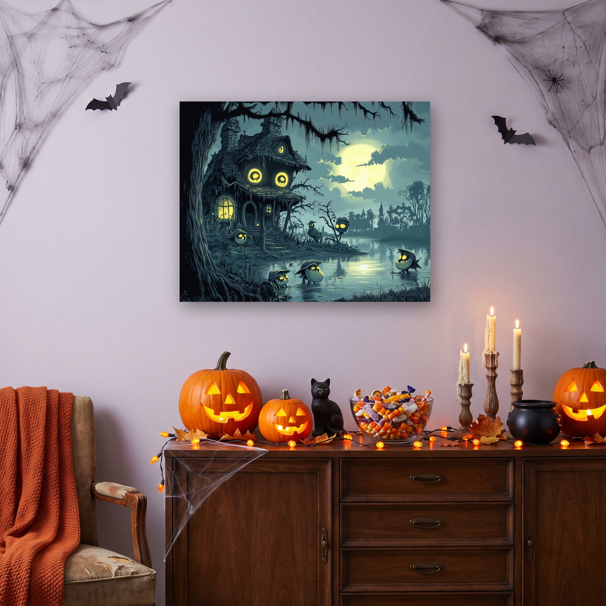 Tableau peinture par numéro Cabane du Marais accroché dans un salon décoré pour Halloween — Maison Artsen