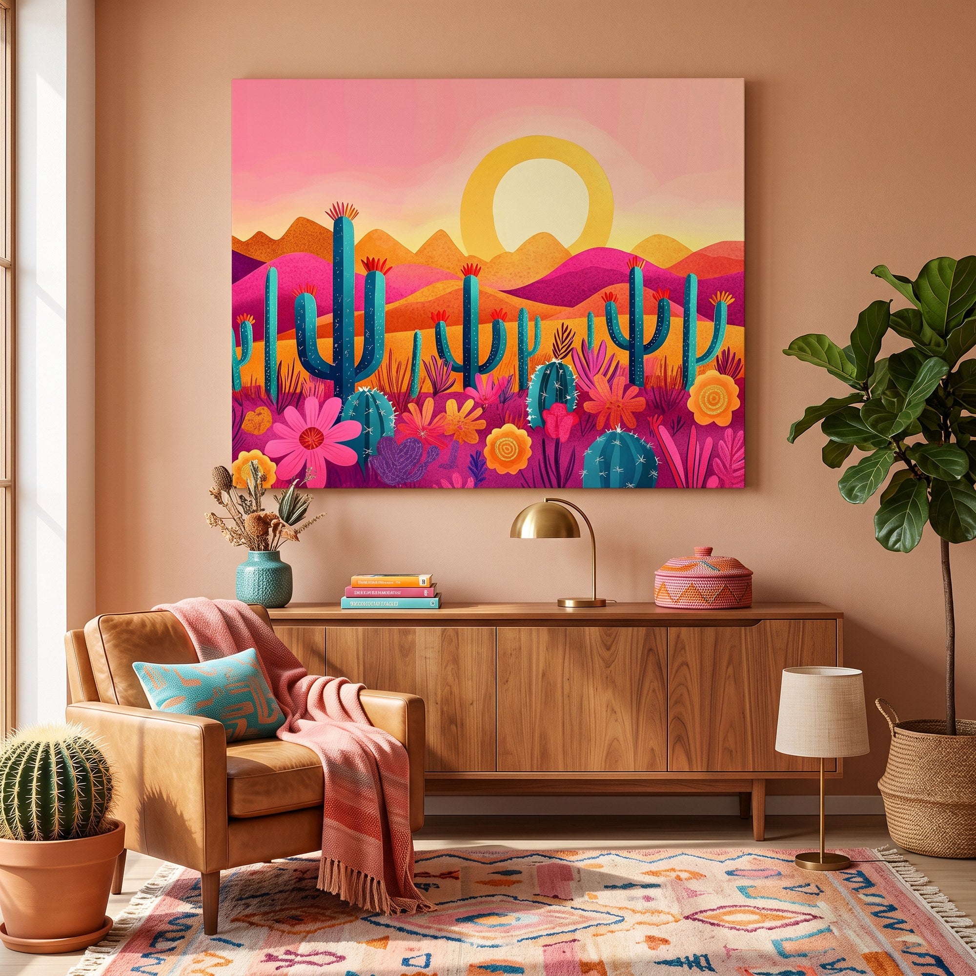 Tableau peinture par numéro Cactus au Soleil Couchant accroché dans un intérieur décoré — Maison Artsen