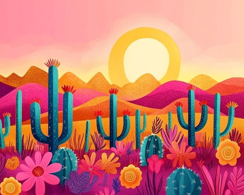Modèle à peindre Cactus au Soleil Couchant, peinture par numéro 30×40 cm — Maison Artsen