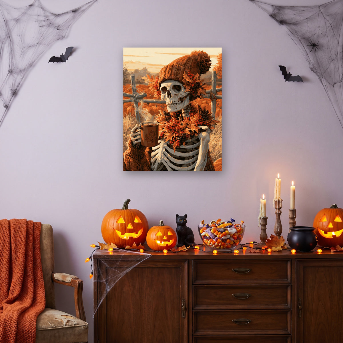 Tableau peinture par numéro Café d'Automne accroché dans un salon décoré pour Halloween — Maison Artsen