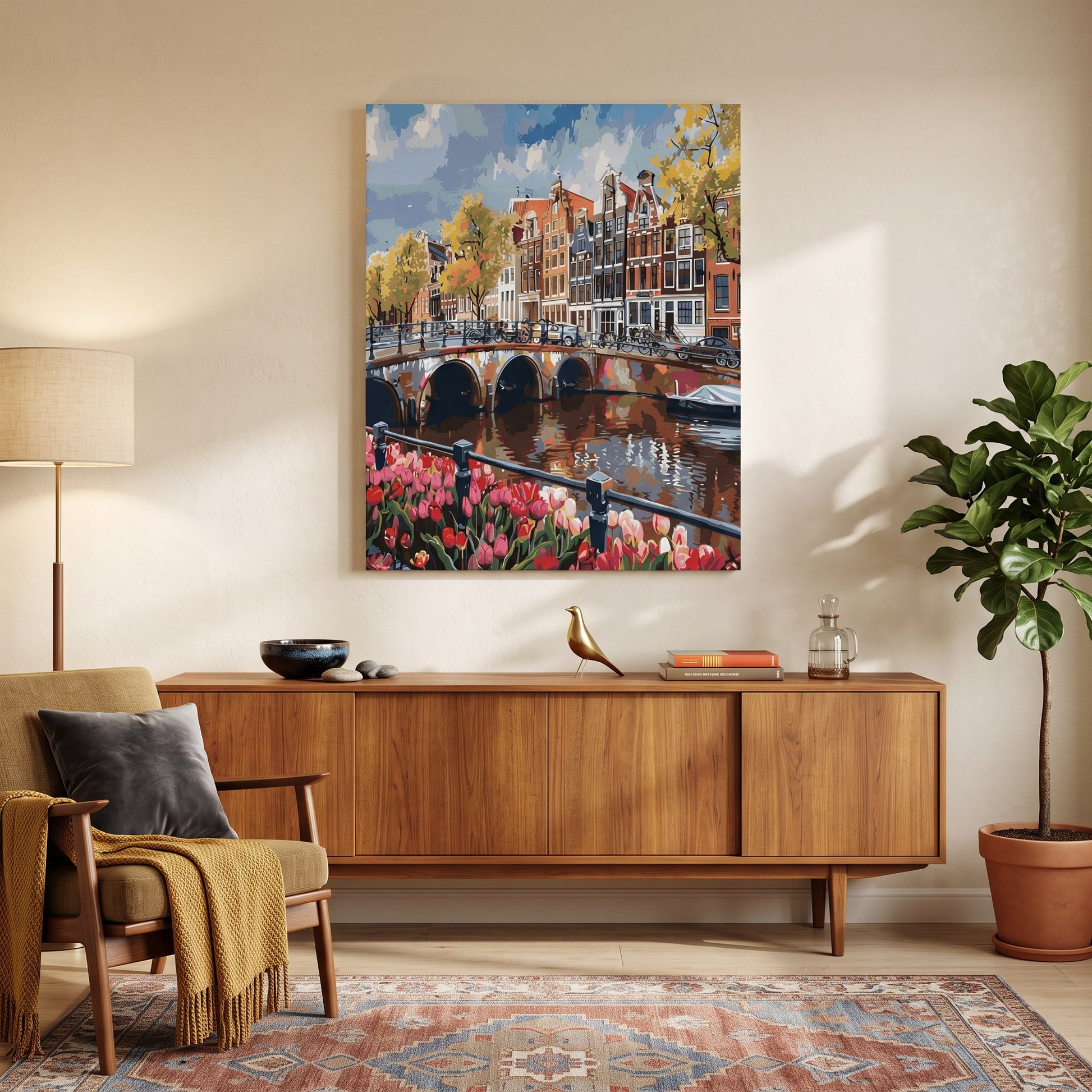 Tableau peinture par numéro Canal d'Amsterdam aux Tulipes accroché dans un intérieur décoré — Maison Artsen