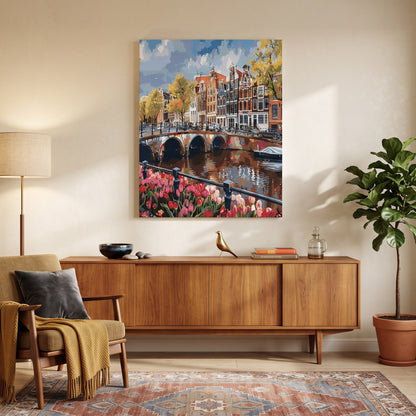 Tableau peinture par numéro Canal d'Amsterdam aux Tulipes accroché dans un intérieur décoré — Maison Artsen