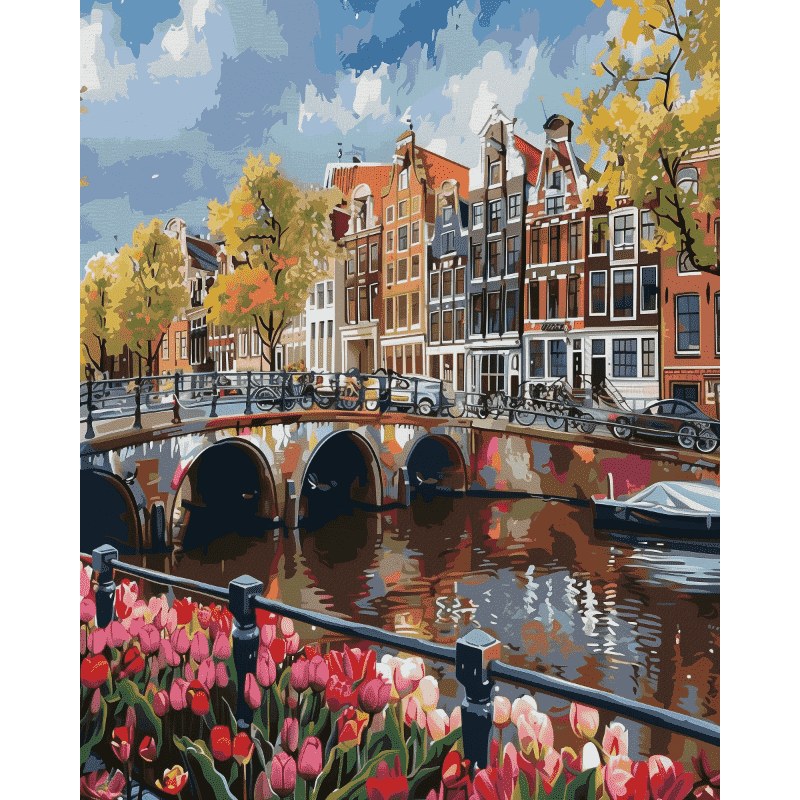 Modèle à peindre Canal d'Amsterdam aux Tulipes, peinture par numéro 30×40 cm — Maison Artsen
