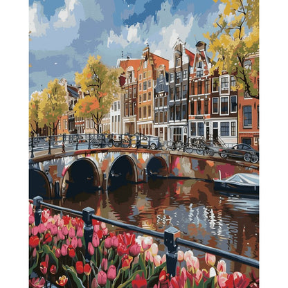 Modèle à peindre Canal d'Amsterdam aux Tulipes, peinture par numéro 30×40 cm — Maison Artsen