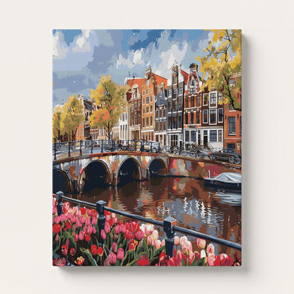 Peinture par numéro adulte Canal d'Amsterdam aux Tulipes, toile tendue 30×40 cm — Maison Artsen