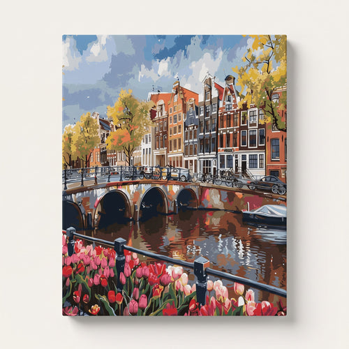 Peinture par numéro adulte Canal d'Amsterdam aux Tulipes, toile tendue 30×40 cm — Maison Artsen