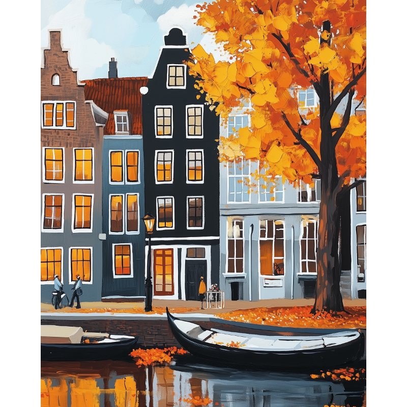 Modèle à peindre Canal d'Amsterdam en Automne, peinture par numéro 30×40 cm — Maison Artsen