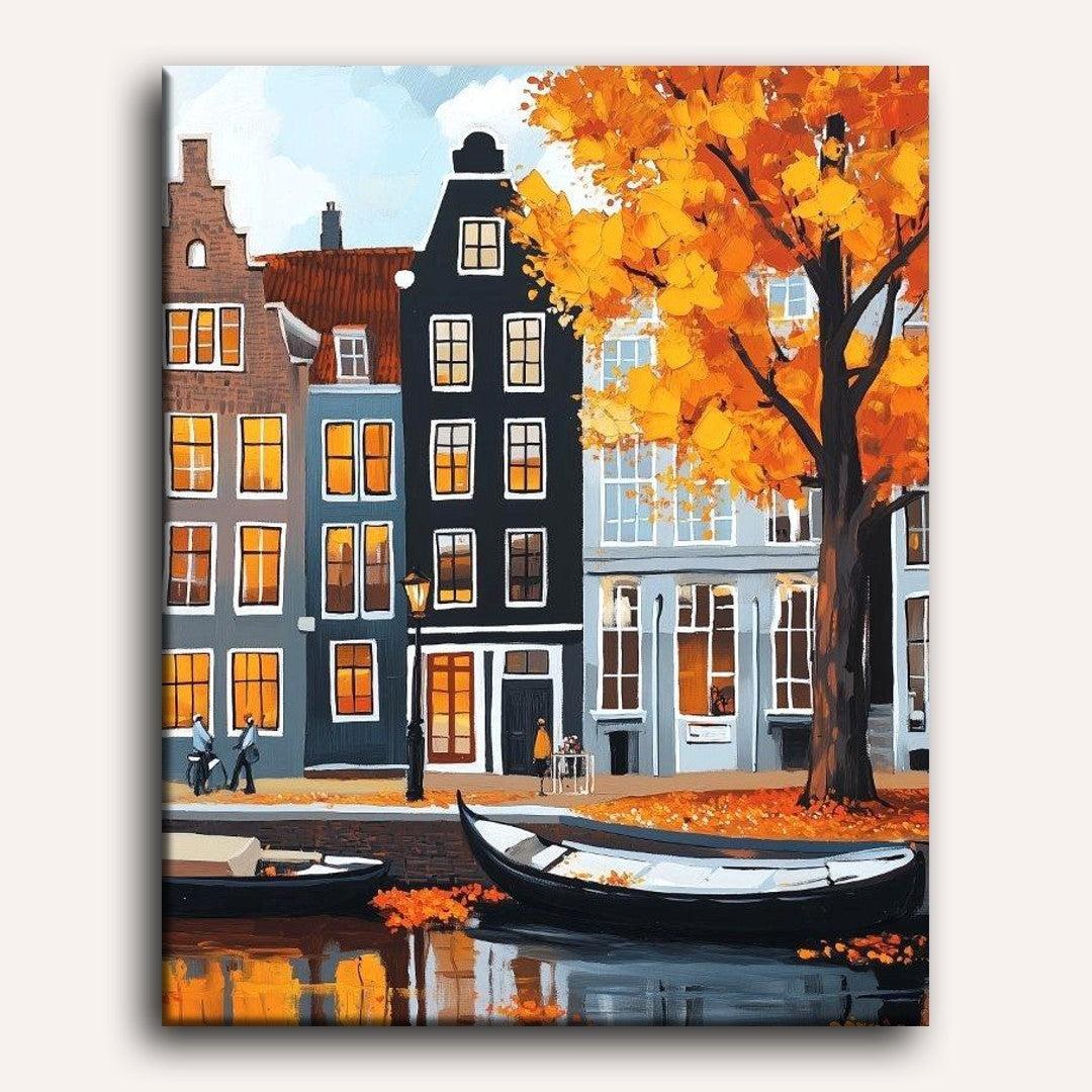 Peinture par numéro adulte Canal d'Amsterdam en Automne, toile tendue 30×40 cm — Maison Artsen