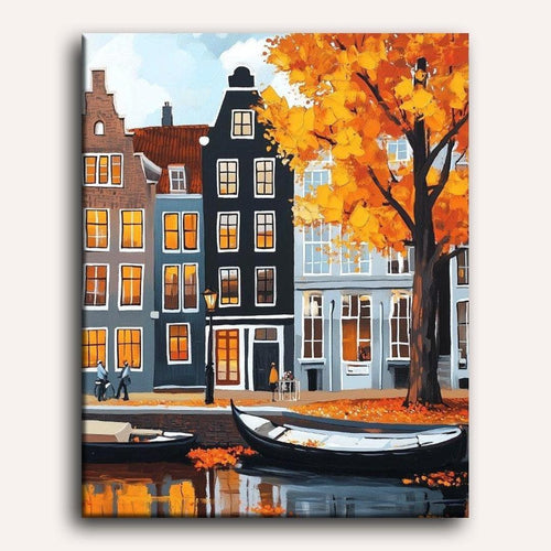Peinture par numéro adulte Canal d'Amsterdam en Automne, toile tendue 30×40 cm — Maison Artsen