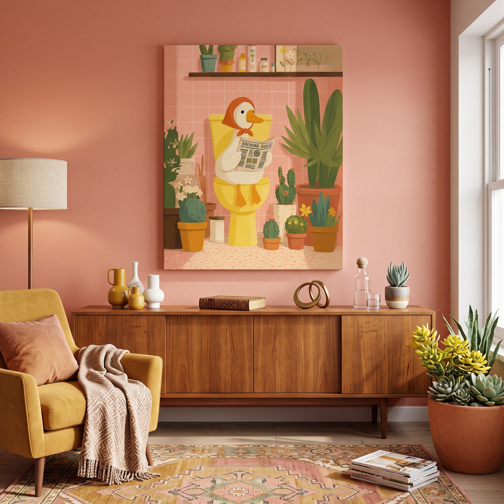 Tableau peinture par numéro Canard aux Toilettes accroché dans un intérieur décoré — Maison Artsen