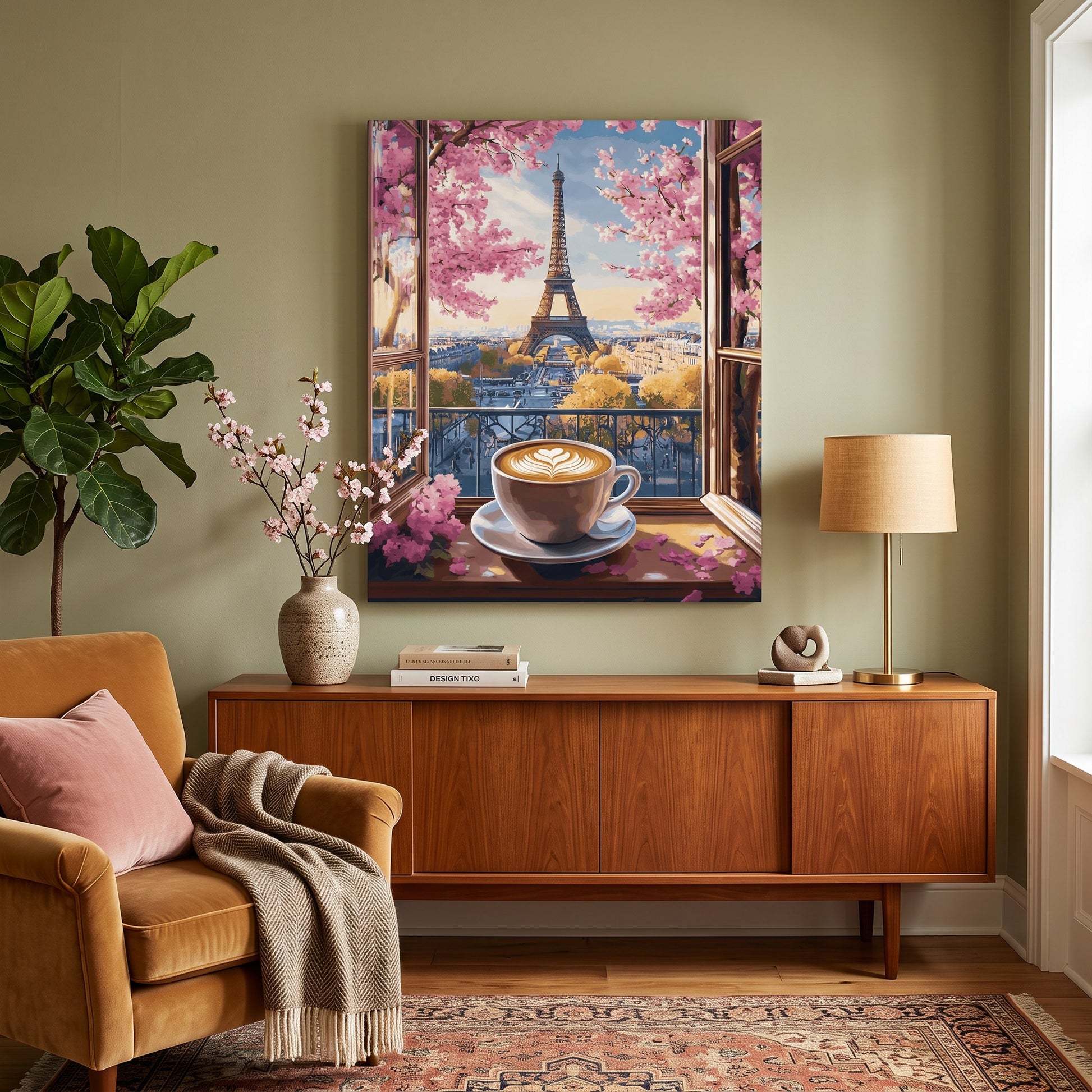 Tableau peinture par numéro Cappuccino à Paris accroché dans un intérieur décoré — Maison Artsen
