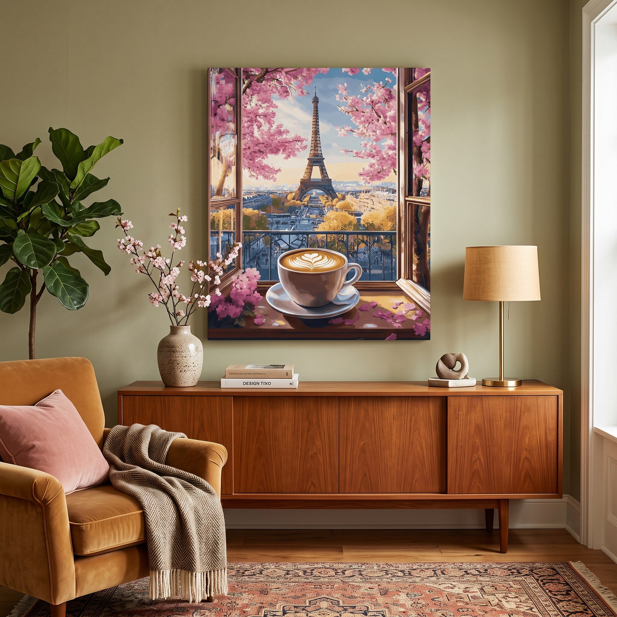 Tableau peinture par numéro Cappuccino à Paris accroché dans un intérieur décoré — Maison Artsen
