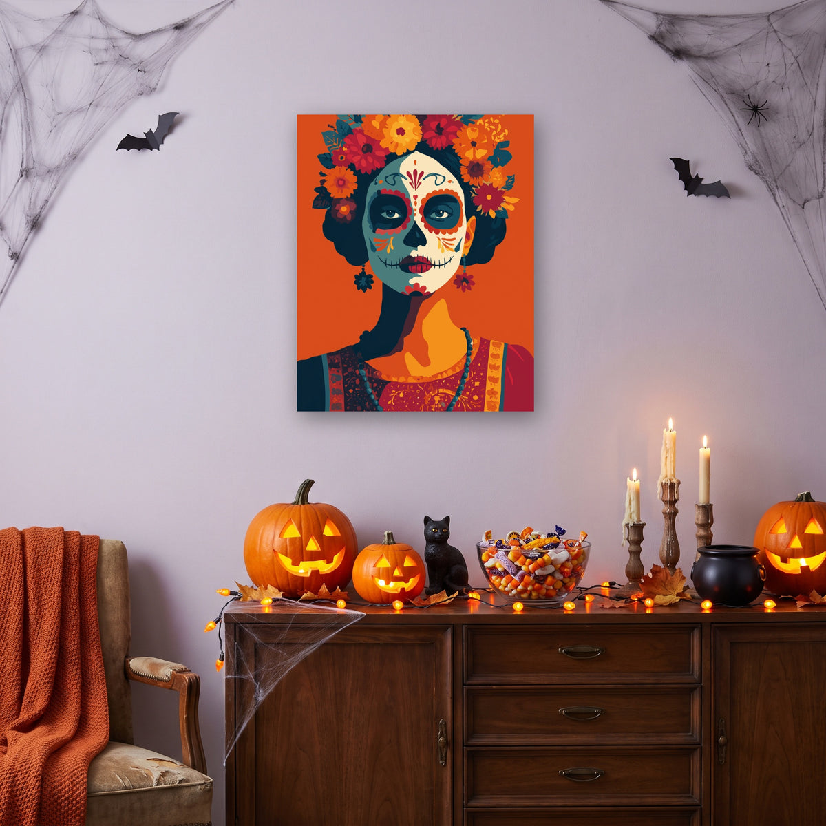 Tableau peinture par numéro Catrina aux Fleurs accroché dans un salon décoré pour Halloween — Maison Artsen