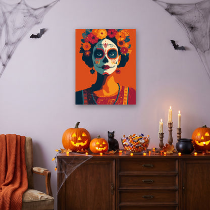 Tableau peinture par numéro Catrina aux Fleurs accroché dans un salon décoré pour Halloween — Maison Artsen