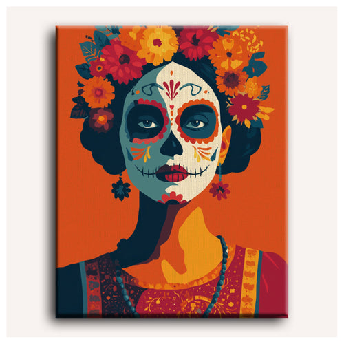 Peinture par numéro adulte Catrina aux Fleurs, toile tendue vue de face — Maison Artsen