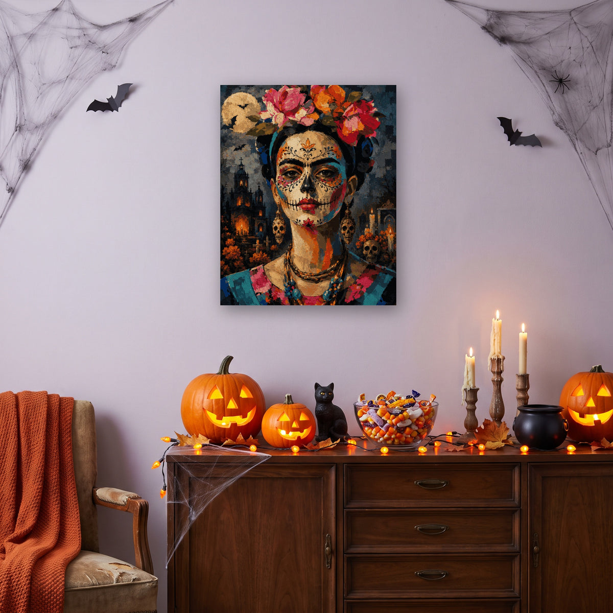 Tableau peinture par numéro Catrina aux Roses accroché dans un salon décoré pour Halloween — Maison Artsen