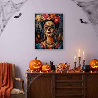 Tableau peinture par numéro Catrina aux Roses accroché dans un salon décoré pour Halloween — Maison Artsen