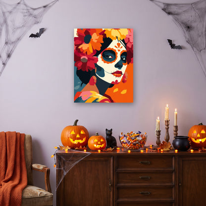 Tableau peinture par numéro Catrina Écarlate accroché dans un salon décoré pour Halloween — Maison Artsen
