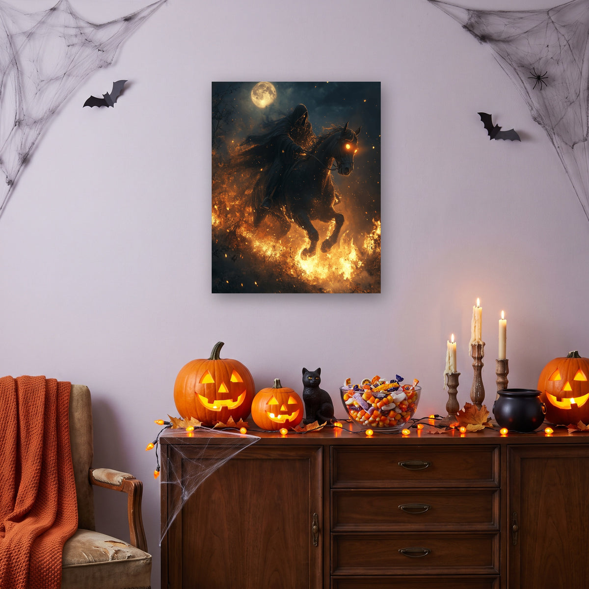 Tableau peinture par numéro Cavalier de Feu accroché dans un intérieur décoré, Maison Artsen