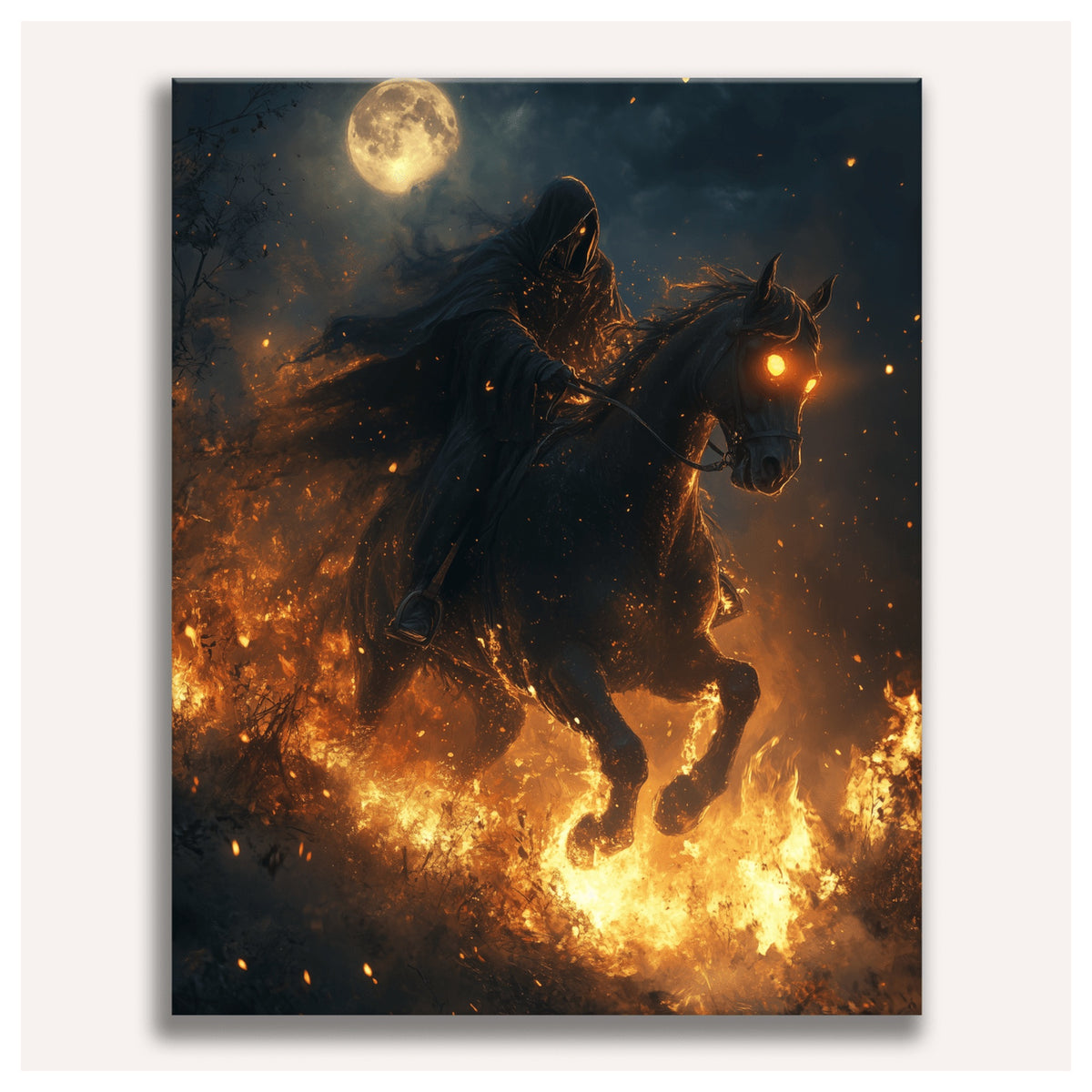 Peinture par numéro adulte Cavalier de Feu, visuel complet du design sur toile, Maison Artsen