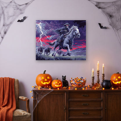 Tableau peinture par numéro Cavalier Fantôme accroché dans un salon décoré pour Halloween — Maison Artsen
