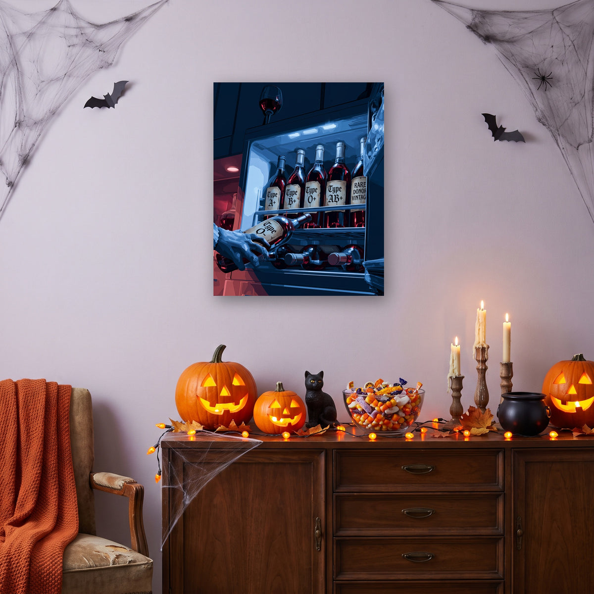 Tableau peinture par numéro Cave du Vampire accroché dans un salon décoré pour Halloween — Maison Artsen