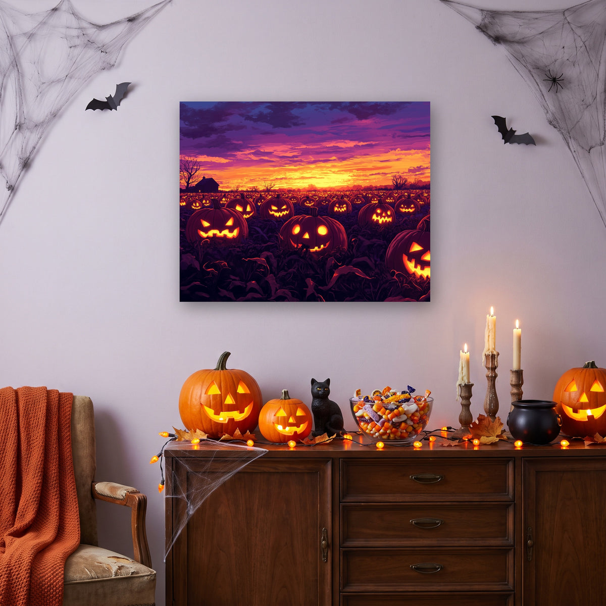 Tableau peinture par numéro Champ de Citrouilles accroché dans un salon décoré pour Halloween — Maison Artsen