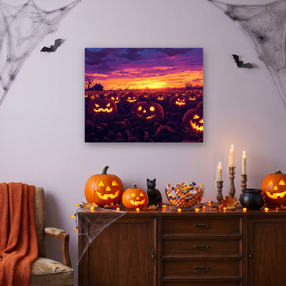 Tableau peinture par numéro Champ de Citrouilles accroché dans un salon décoré pour Halloween — Maison Artsen