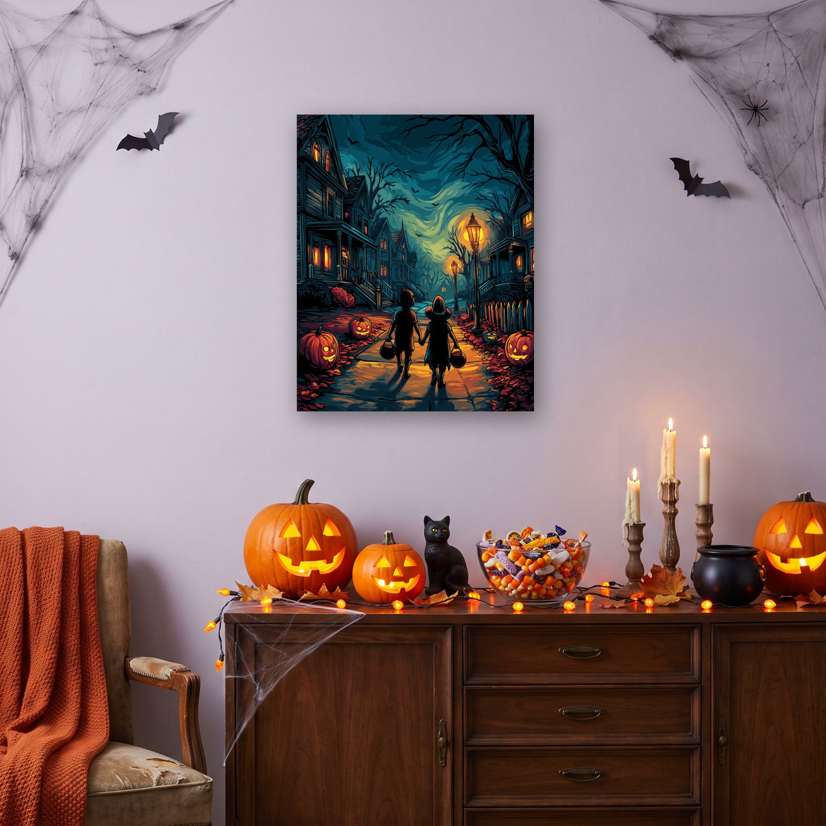 Tableau peinture par numéro Chasse aux Bonbons accroché dans un salon décoré pour Halloween — Maison Artsen