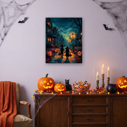 Tableau peinture par numéro Chasse aux Bonbons accroché dans un salon décoré pour Halloween — Maison Artsen