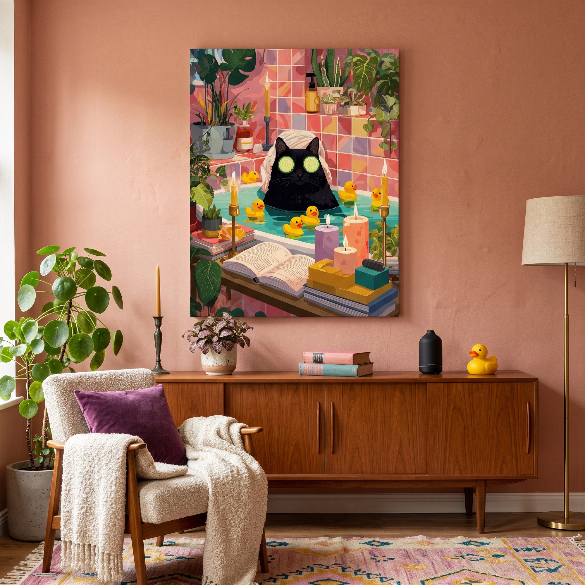 Tableau peinture par numéro Chat au Bain Moussant accroché dans un intérieur décoré — Maison Artsen