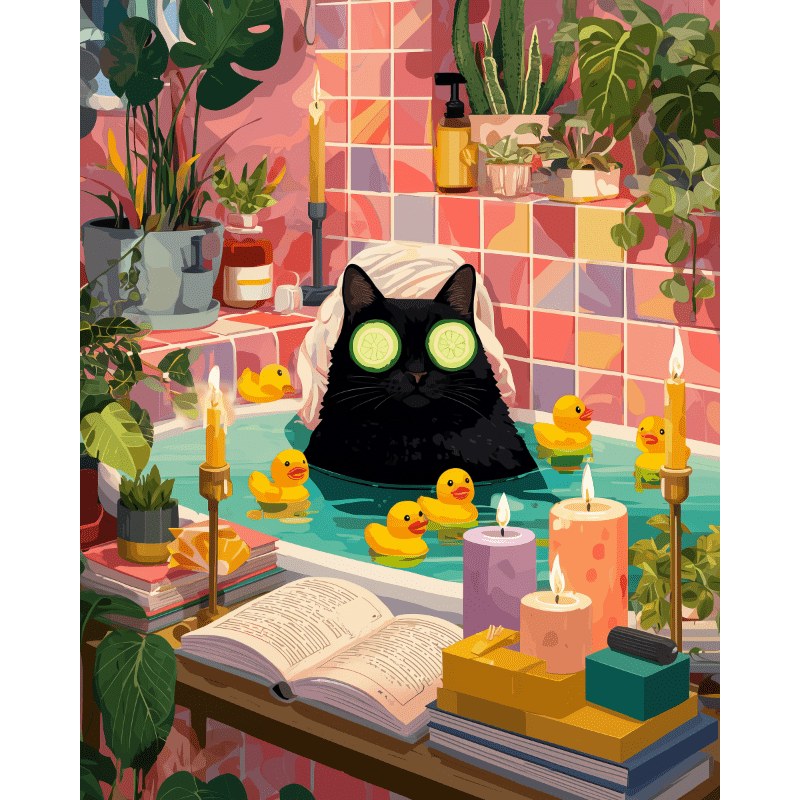 Modèle à peindre Chat au Bain Moussant, peinture par numéro 30×40 cm — Maison Artsen