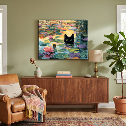 Tableau peinture par numéro Chat aux nénuphars accroché dans un intérieur décoré — Maison Artsen