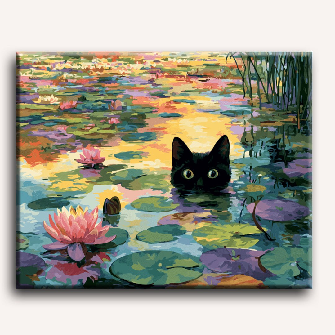 Modèle à peindre Chat aux nénuphars, peinture par numéro 30×40 cm — Maison Artsen
