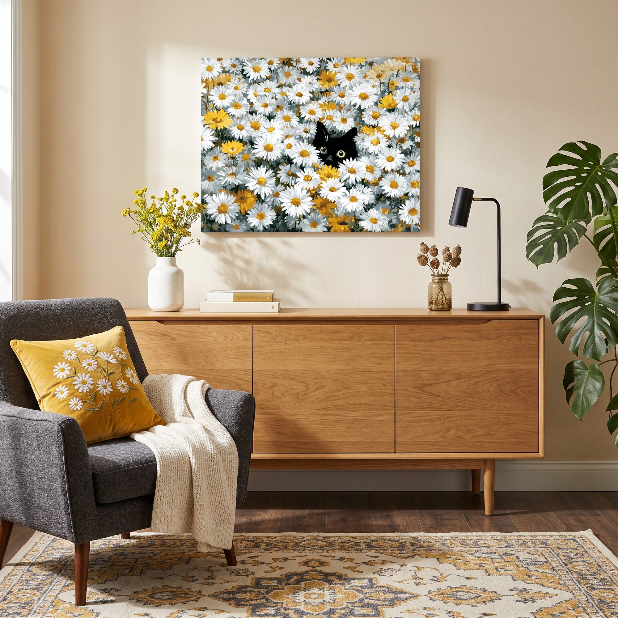 Tableau peinture par numéro Chat dans les Marguerites accroché dans un intérieur décoré — Maison Artsen