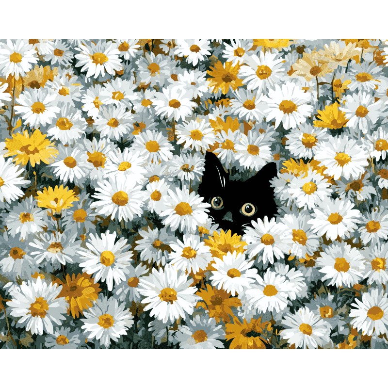 Modèle à peindre Chat dans les Marguerites, peinture par numéro 30×40 cm — Maison Artsen