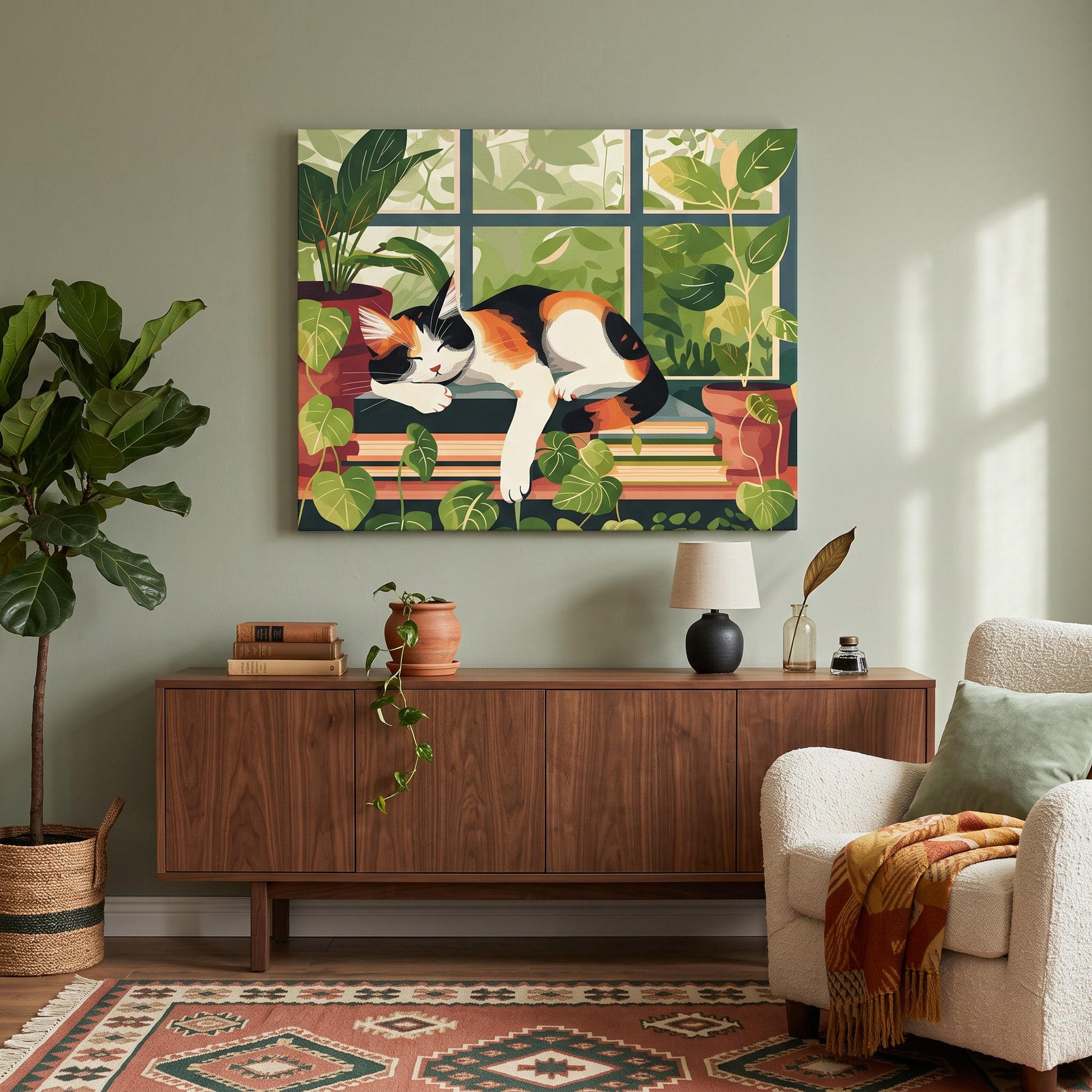 Tableau peinture par numéro Chat Endormi à la Fenêtre accroché dans un intérieur décoré — Maison Artsen