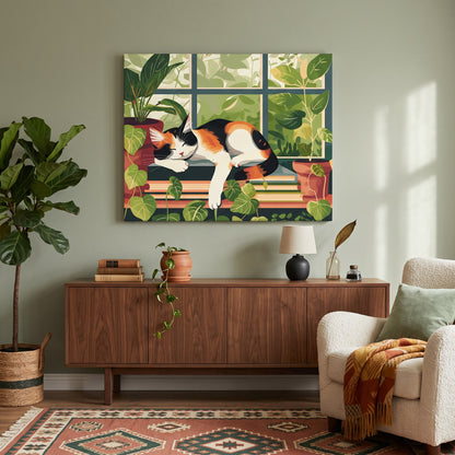Tableau peinture par numéro Chat Endormi à la Fenêtre accroché dans un intérieur décoré — Maison Artsen