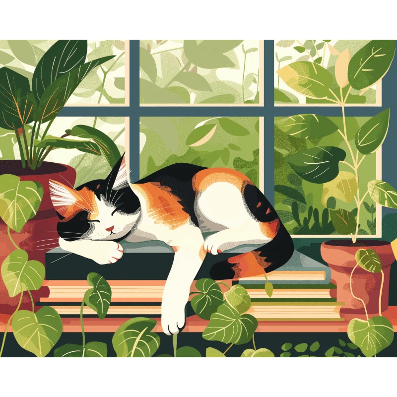 Modèle à peindre Chat Endormi à la Fenêtre, peinture par numéro 30×40 cm — Maison Artsen