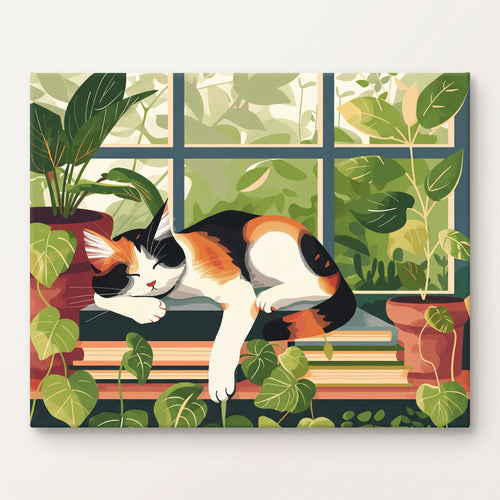 Peinture par numéro adulte Chat Endormi à la Fenêtre, toile tendue 30×40 cm — Maison Artsen