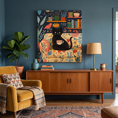 Tableau peinture par numéro Chat et café accroché dans un intérieur décoré — Maison Artsen