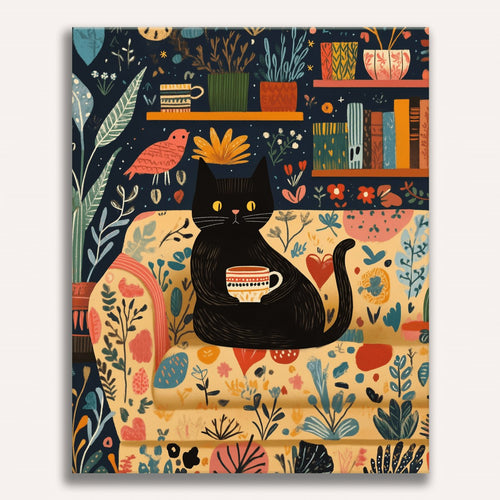 Peinture par numéro adulte Chat et café, visuel complet du design sur toile — Maison Artsen