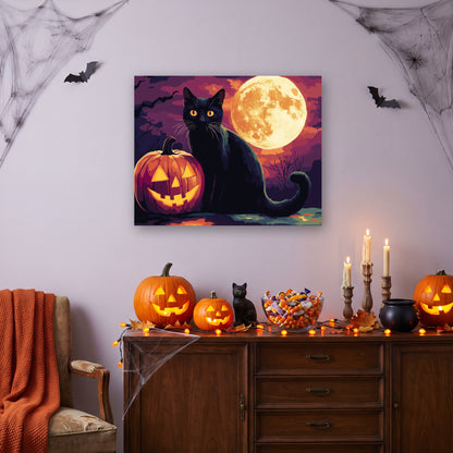 Tableau peinture par numéro Chat et Citrouille accroché dans un salon décoré pour Halloween — Maison Artsen