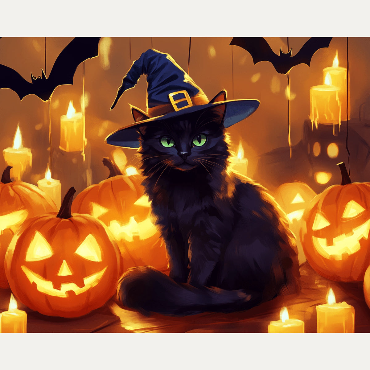 Peinture par numéro adulte Chat Noir aux Citrouilles, visuel complet du design — Maison Artsen